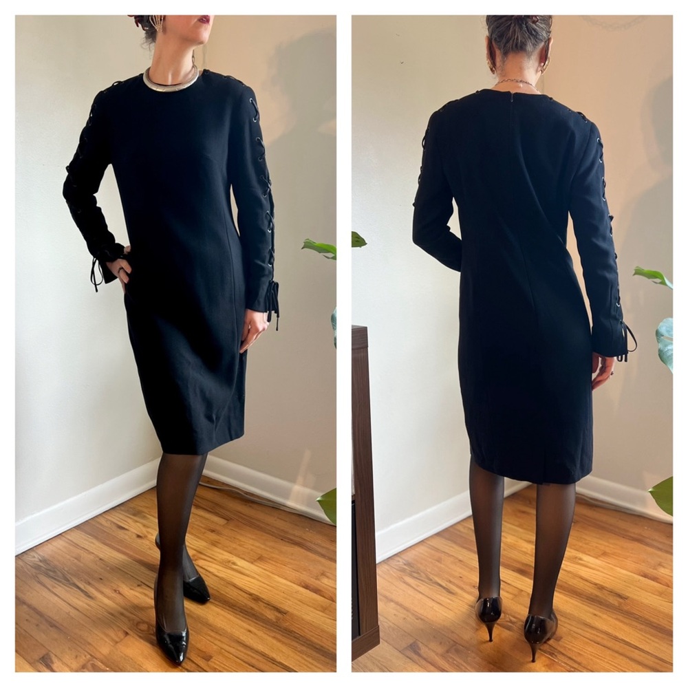 Louis Feraud Vintage 90s Long Sleeve Black Dress w/ Lace-Up Sleeves - Picture 4 of 9